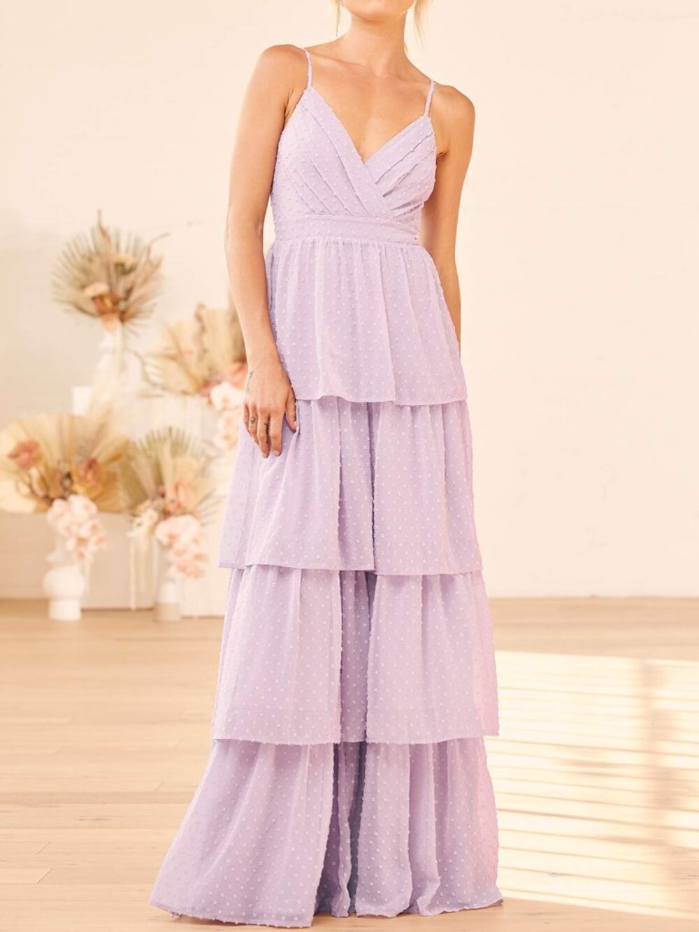 Lulus Love Stays True Lilac Swiss Dot Tiered Maxi Dress | S